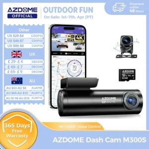 AZDOME M300S 4K Dash Cam anteriore e posteriore, telecamera da cruscotto GPS WiFi ADAS integrata per auto, scheda da 64 GB gratuita, controllo vocale, visio notturno