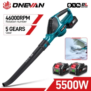 ONEVAN 5500W Brushless Elettrico Ventilatore di Aria Cordless Soffiatore di Foglie Foglie di Neve Strumento di Pulizia della Polvere Misura Per Makita 18V Batteria Spille