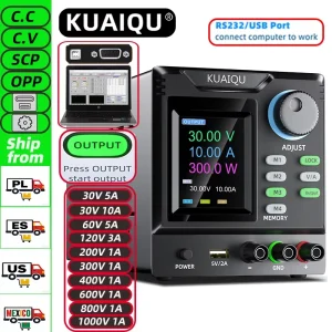 Alimentatore DC Programmabile KUAIQU ad Alta Tensione 1000V con Comunicazione RS232, 30V 10A Regolabile, Alimentatore da Laboratorio 400V con Memoria Modificabile