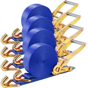 Cinghie a cricchetto con doppio gancio a J da 9 m x 50 mm (11,000 libbre di resistenza alla rottura), cinghie di ancoraggio resistenti per camion, moto, 4 pezzi