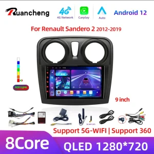 Android 14 Autoradio Lettore Video Multimediale per Renault Logan 2 Sandero 2 2012 – 2019 2 Din Navigazione GPS Stereo DVD carplay
