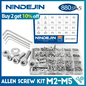NINDEJIN 880pcs Kit assortimento di viti a esagono incassato esagonale M2 M3 M4 M5 Set di bulloni e dadi a testa tonda piatta in acciaio inossidabile