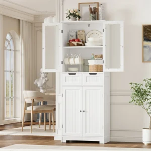 Armadio bagno, armadio bagno con 4 ante e 2 cassetti, armadio cucina armadio alto Bianco, per bagno soggiorno cucina Essz