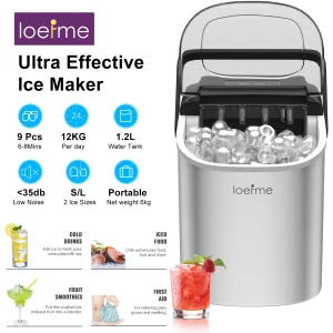 LOEFME Mini macchina per il ghiaccio portatile completamente automatica a forma di proiettile 12 kg/24 ore 6 minuti/9 pezzi cubetti di ghiaccio con macchina per il ghiaccio professionale a paletta