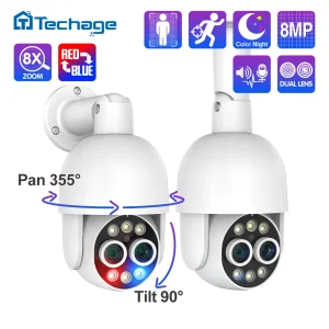 Techage Telecamera da 8 MP Telecamera IP PTZ POE a doppio obiettivo Zoom ibrido 8X Monitoraggio automatico Visione notturna colorata per set di sorveglianza di sicurezza