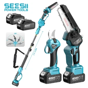 Forbici elettriche Seesii 3 in 1 senza spazzole senza fili da 30 mm Motosega elettrica senza spazzole da 6 ” con strumento per asta telescopica di estensione da 2,4 m