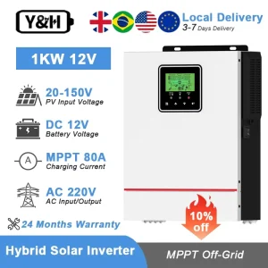 Inverter Solare Ibrido Y&H 1000W 12V 230V Off-Grid a Onda Pura con Caricatore Solare MPPT 80A, Ingresso PV Massimo 150V
