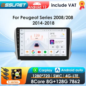 OSSURET CarPlay Android 12 Autoradio Per PEUGEOT 2008 208 2012-2018 Lettore Multimediale Per Auto Navi GPS 2din 4G-LET autoradio RDS