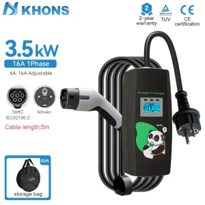 Caricatore per auto elettrica portatile Khons Caricatore da 3,5 kW Cavo caricabatterie Type2 Caricatore EV 16A Scatola di ricarica EVSE trifase