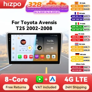 Sistema Radio Intelligente Hizpo per Toyota Avensis T25 2002-2008, Carplay Multimediale GPS 2din Stereo Android 14 Auto 8+128G