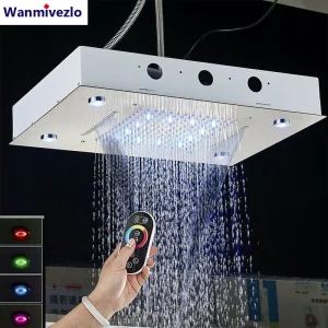 Soffione doccia a soffitto spazzolato con luci a LED 36 * 50 cm Rubinetto a pioggia grande Rubinetto per bagno Spruzzatore quadrato intelligente in acciaio inossidabile