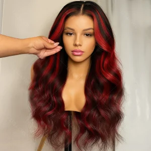 Ombre rosso con riflessi biondi onda del corpo 5×5 parrucche senza colla capelli umani bordeaux per le donne parrucca colorata densità 200 pre pizzicata