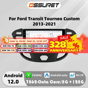 9 “Android 12 Autoradio GPS Stereo per Ford Transit Tourneo Custom 2013-2021 lettore multimediale 4G Carplay 7862 8Core Autoradio