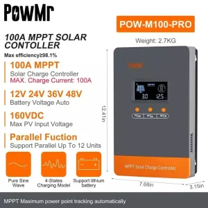PowMr MPPT 60A 80A 100A regolatore di carica solare 12V 24V 36V 48V batteria PV 160V parallelo 12 unità Controller 720W-4800W di ricarica