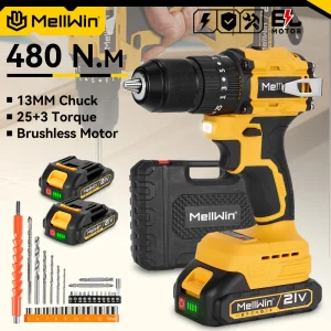 Trapano Avvitatore a Impulsi Elettrico Brushless MELLWIN 480N.M con 25+3 Regolazioni di Coppia, Utensile Multifunzione Senza Fili Compatibile con Batteria Makita 18V