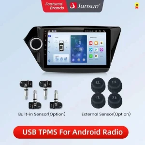 Junsun USB Sistema di allarme per monitoraggio della pressione dei pneumatici TPMS con 4 sensori interni per lettore DVD per auto Accessori per auto di navigazione
