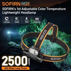 SOFIRN HS22 Faro 2500lm Regolazione continua della temperatura del colore Lampada frontale ultraluminosa Luce 6000K con torcia calda 2700K