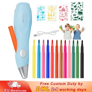 Set di aerografo con penna a spruzzo elettrica per bambini con 12 pennarelli 4 fogli da colorare pennello per pittura a getto d’inchiostro a colori per disegno di pittura fai da te