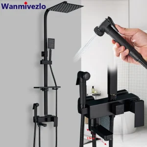 Wanmivezlo Rubinetto per doccia in ottone nero/cromato Miscelatore per doccia da bagno Gru girevole con beccuccio lungo Set doccia a pioggia Doccia a spruzzo