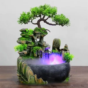 Luci a LED Rockery in resina Fontana di acqua corrente Feng Shui fortunato Ruota Ornamenti da tavolo per ufficio con nebulizzatore Decorazione della casa