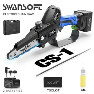 Mini Motosega Cordless Swansoft CS-1, 6 Pollici 16.8V con Motore Brushless e Lubrificazione Automatica, 2 Batterie da 4Ah