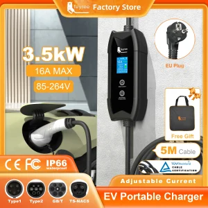 feyree EV Charger Type2 3.5KW 16A Scatola di ricarica portatile Set Corrente e impostazione Tempo di ritardo Cavo da 5M per caricabatteria per auto per veicoli elettrici