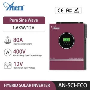 Anern 1.6KW 2KW 3KW 3.2KW Inverter solare ibrido 12V 24V Onda sinusoidale pura Off Grid Inverter MPPT 80A 140A MAX PV 400Vdc 150Vdc