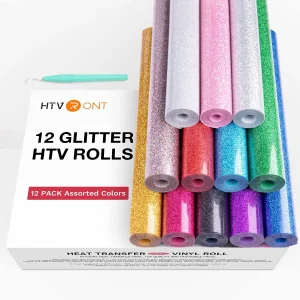 HTVRONT 12 Pack 10inX5ft/25cmX150cm Glitter Rotolo di Vinile a Trasferimento di Calore per Cricut T-shirt Stampa Fai da Te Ferro su Pellicola HTV Natale