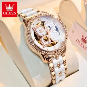 OLEVS 6612 Orologio meccanico automatico da donna con diamanti eleganti Orologio impermeabile scavato originale Orologio da donna con confezione regalo HD di lusso