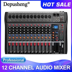 DEPUSHENG DX12 Mixer Audio Professionale a 12 Canali, Console Audio da Studio con Ingresso USB MP3, Alimentazione Phantom 48v, Console DJ