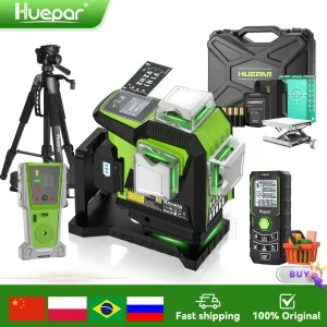 Huepar ±2mm Precisione 16 linee Livello laser Autolivellante 4D Linea incrociata Regolazione Strumento laser luminoso con schermo LCD e batteria agli ioni di litio
