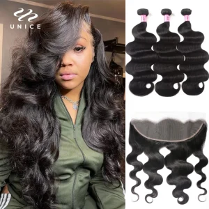 UNice Hair Body Wave 3 Fasci di Capelli con Chiusura Frontale in Pizzo 13×4 o 4×4 o 5×5 HD, Chiusura in Pizzo 100% Capelli Umani