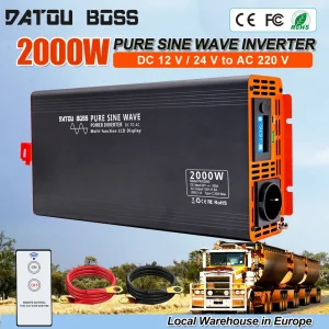 Inverter a Onda Sinusoidale Pura DATOUBOSS 12V/24V 2000W, Convertitore di Potenza da DC a AC 220V per Camion, Inverter Solare con USB Tipo C e LCD