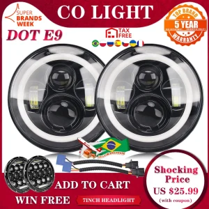 CO LIGHT Faro LED da 7 pollici 80W DRL Halo Angle Eyes Lampada frontale a LED 12V 24V DOT E9 Segnale di svolta alto basso per Lada Niva Offroad 4×4