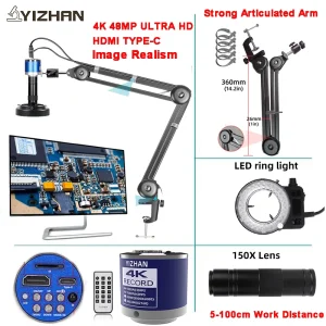 Microscopio a braccio articolato 48MP 1080P 4K 2K HDMI/USB/VGA/Tipo-C Microscopio digitale Fotocamera Obiettivo 1-150X 5-100cm Lavoro per la saldatura