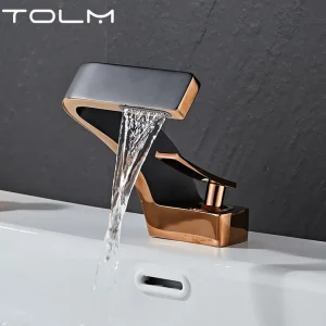 Rubinetto per lavabo TOLM in ottone nero e oro, miscelatore acqua calda e fredda, montaggio su piano, monocomando, per bagno e cucina