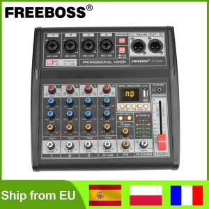 Freeboss Mixer audio portatile a 4 canali mono Tavolo di missaggio di potenza 48V Bluetooth 16 effetti USB Registrazione musicale per PC per podcast AT-04M