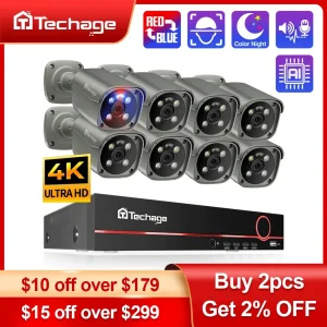 Techage 4K Sistema di telecamere di sicurezza Ultra HD 8MP POE NVR Audio bidirezionale Rilevamento viso Visione notturna a colori Set di videosorveglianza CCTV