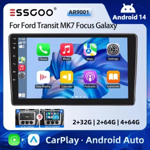 ESSGOO Autoradio 9″ Display HD Android 14 Wireless CarPlay Android Auto per Ford Transit MK7 Focus Galaxy Connect Fiesta Kuga Navigazione GPS WiFi FM Bluetooth Mirror Link Lettore Multimediale