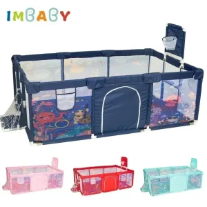 IMBABY Piscina per bambini 3-6 anni, box per bambini con porta di sicurezza, barriera di sicurezza per bambini, motivo rettangolare a tema oceano