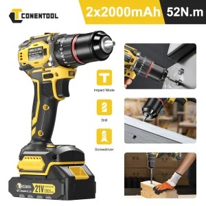 CONENTOOL 3IN1 Cacciavite elettrico senza spazzole Cordless Trapano a percussione elettrico Set di cacciaviti 52Nm Trapano a mano senza fili Utensile elettrico