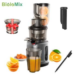 BioloMix Spremiagrumi a freddo con scivolo di alimentazione da 75 mm, potente estrattore di succo a masticazione lenta con motore potente da 200 W 40-65 giri/min per frutta intera