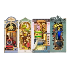 Robotime Rolife Book Nook Mobili per casa delle bambole fai-da-te 4 tipi Booknook Fermalibri Kit modello con luce a LED per decorazione inserto libreria