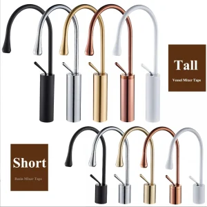 Rubinetto per lavabo artistico in ottone nero Lavabo per bagno Rubinetto caldo freddo Cascata girevole a 360 gradi Miscelatore modello alto dorato Montaggio su piano