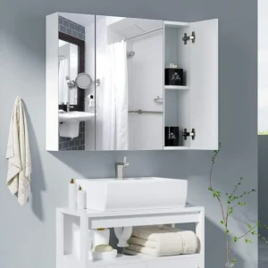Getone Mobiletto da bagno con specchio, mobiletto da bagno a parete con 3 ante in vetro, legno bianco 70x60x15 cm