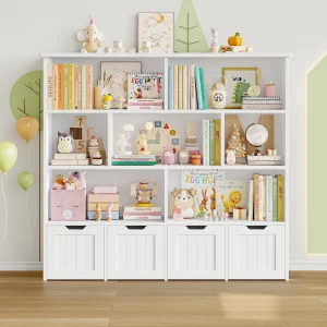 Getone Unità portaoggetti per giocattoli per bambini Libreria per bambini con 4 cassetti a rotelle 8 ripiani Organizzatore di giocattoli Scaffale per bambini per sala giochi della scuola materna