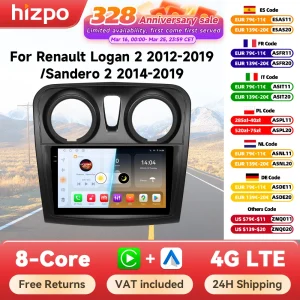 Hizpo Android Auto Radio per Renault Logan 2 2012-2019 Sandero 2 2014-2019 4G Car Multimedia GPS 2din Autoradio CarPlay WIFI DSP