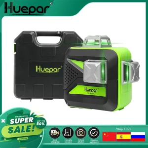 Huepar 12 linee 3D linea incrociata livello laser autolivellante 360 raggio verde verticale e orizzontale con custodia rigida kit di strumenti laser