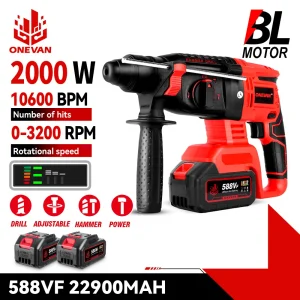 ONEVAN 2000W Martello elettrico senza spazzole Multifunzione Cordless Martello rotante Trapano a percussione Utensile elettrico per Makita 18V Batteria Pin