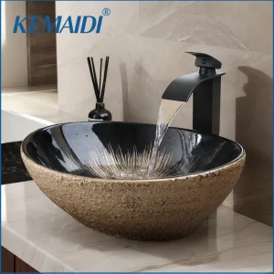 KEMAIDI Lavandino ovale con rubinetto Lavelli da bagno in marmorizzazione bianca sopra il bancone Lavelli in ceramica per miscelatore da bagno